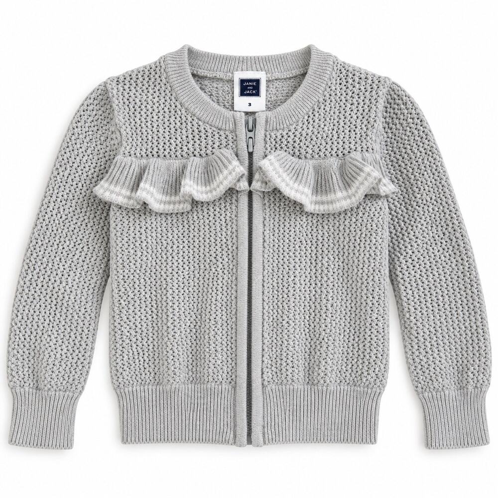 Janie and Jack Girl's Knit Ruffle Cardigan - Gray, Size 3